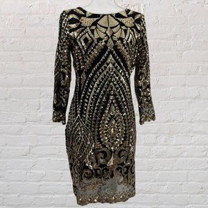 Brand New Gold and Black Giani Bini Sequined Long Sleeved Dress